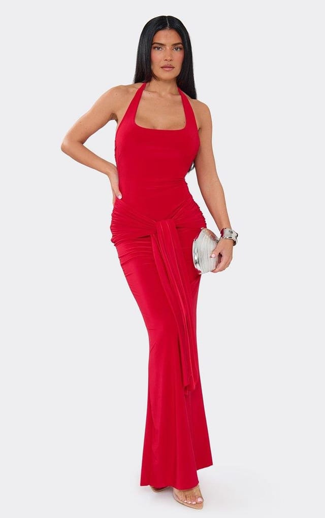 EGO Halter Neck Tie Drape Maxi Dress In Red, Women's Size UK 6 - 2