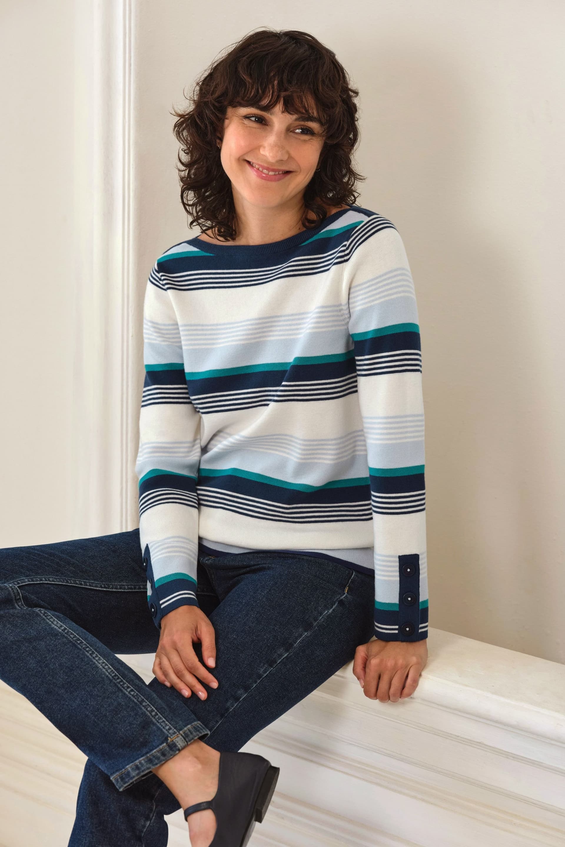 Pure Collection Pure Collection Women's Cotton Wool Stripe Sweater in Blue