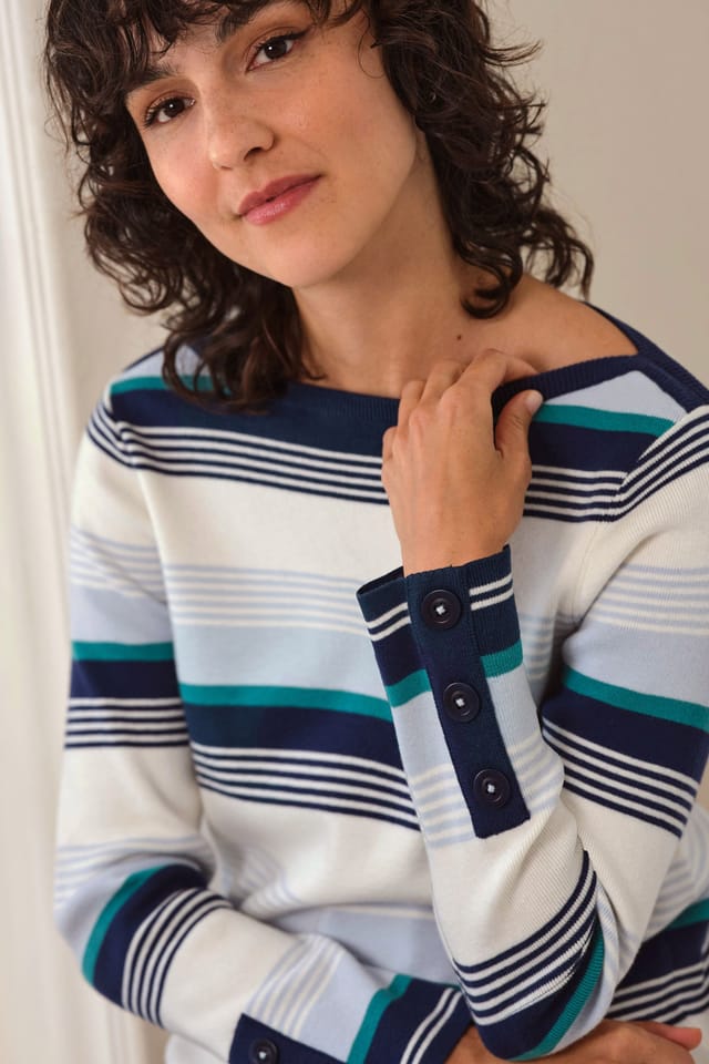 Pure Collection Pure Collection Women's Cotton Wool Stripe Sweater in Blue - 2