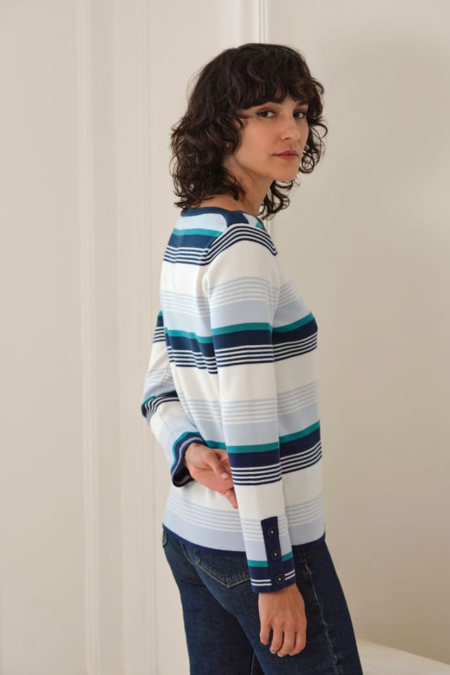 Pure Collection Pure Collection Women's Cotton Wool Stripe Sweater in Blue - 3