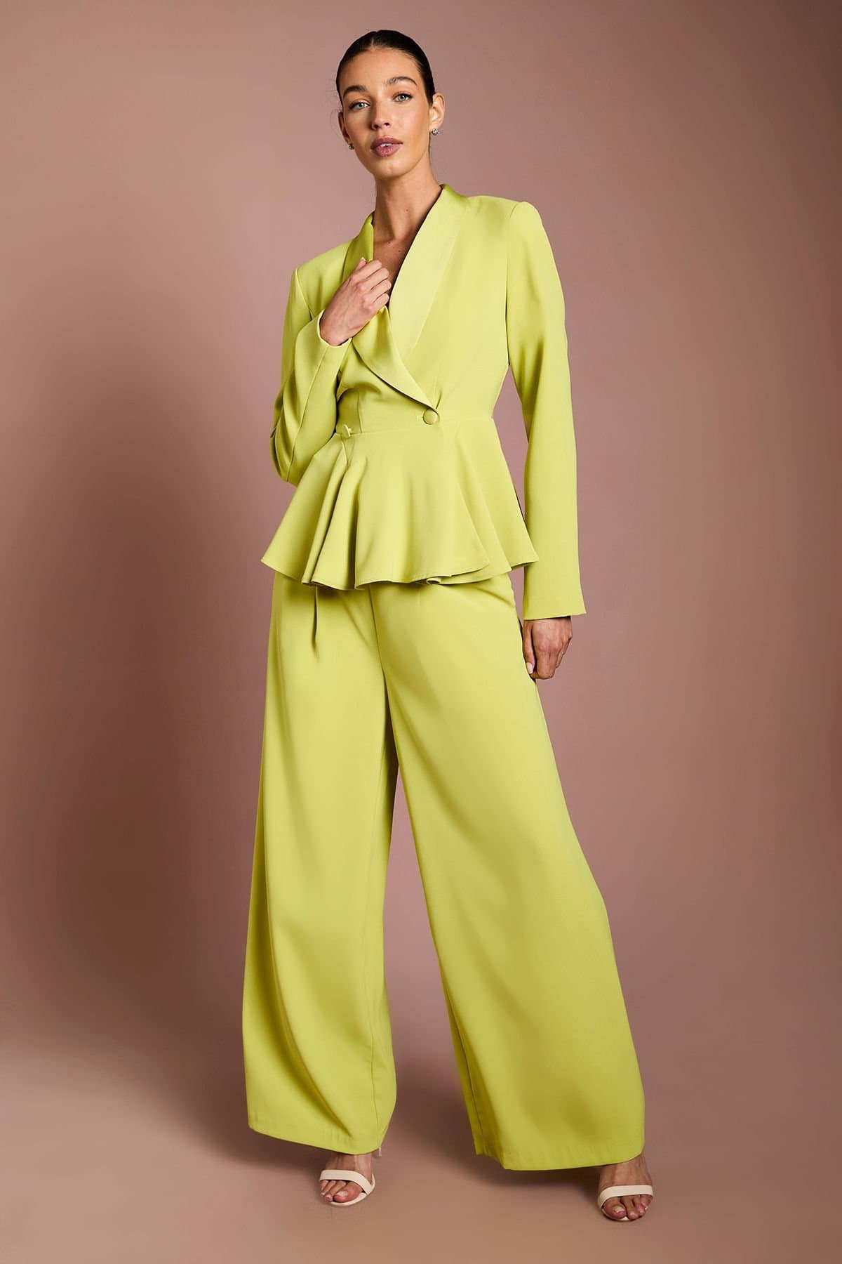 Coast Coast Women's Pleated Waistband Satin Wide Leg Trouser in Lime