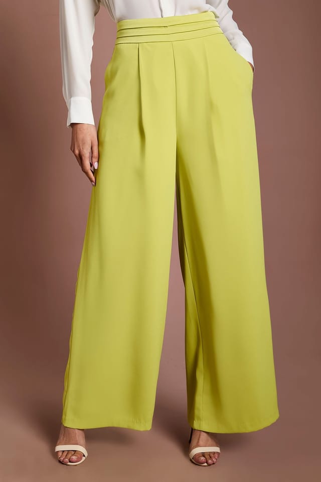Coast Coast Women's Pleated Waistband Satin Wide Leg Trouser in Lime - 2
