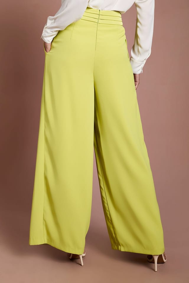 Coast Coast Women's Pleated Waistband Satin Wide Leg Trouser in Lime - 3
