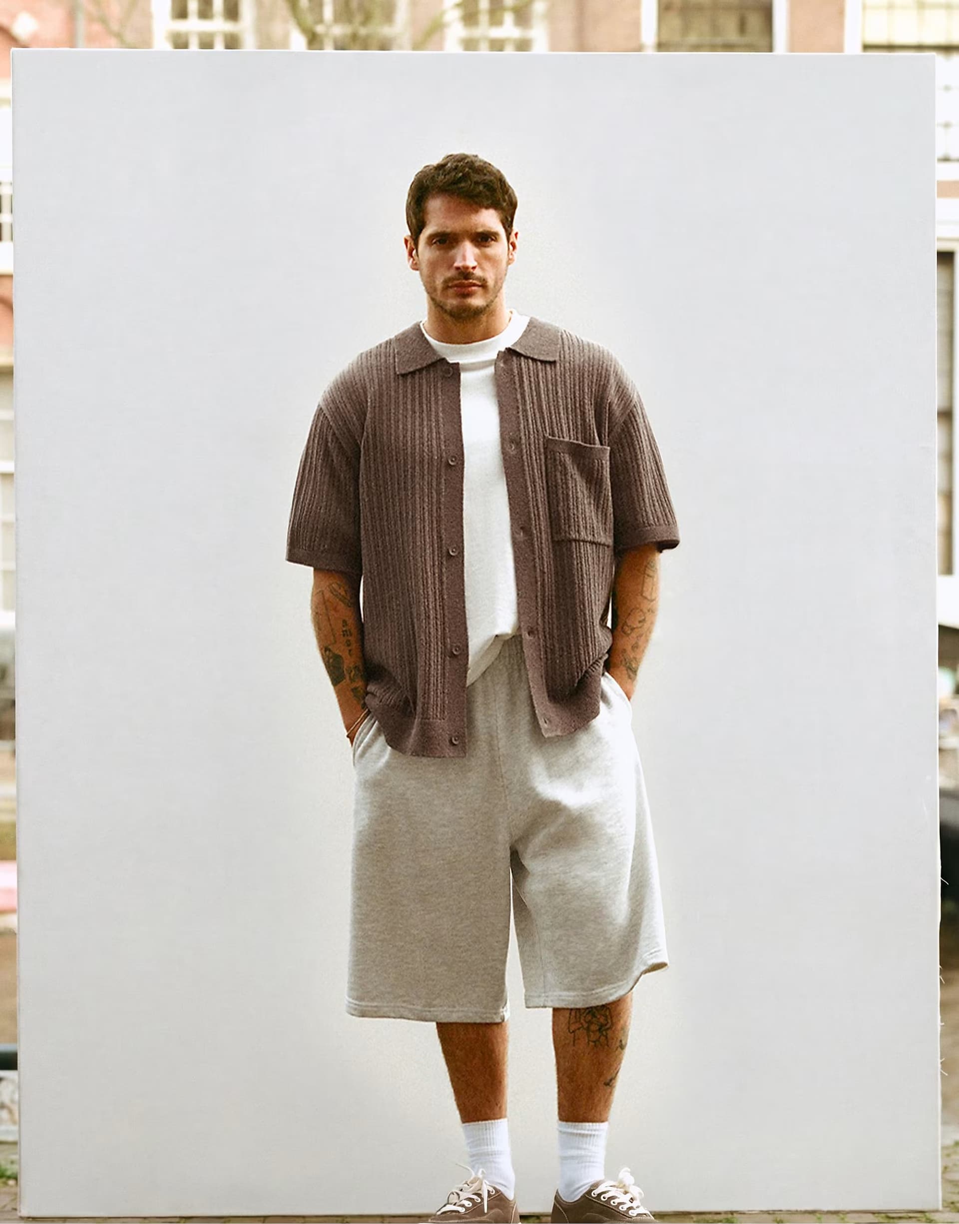 ASOS Pull&Bear Knit short sleeve shirt in brown