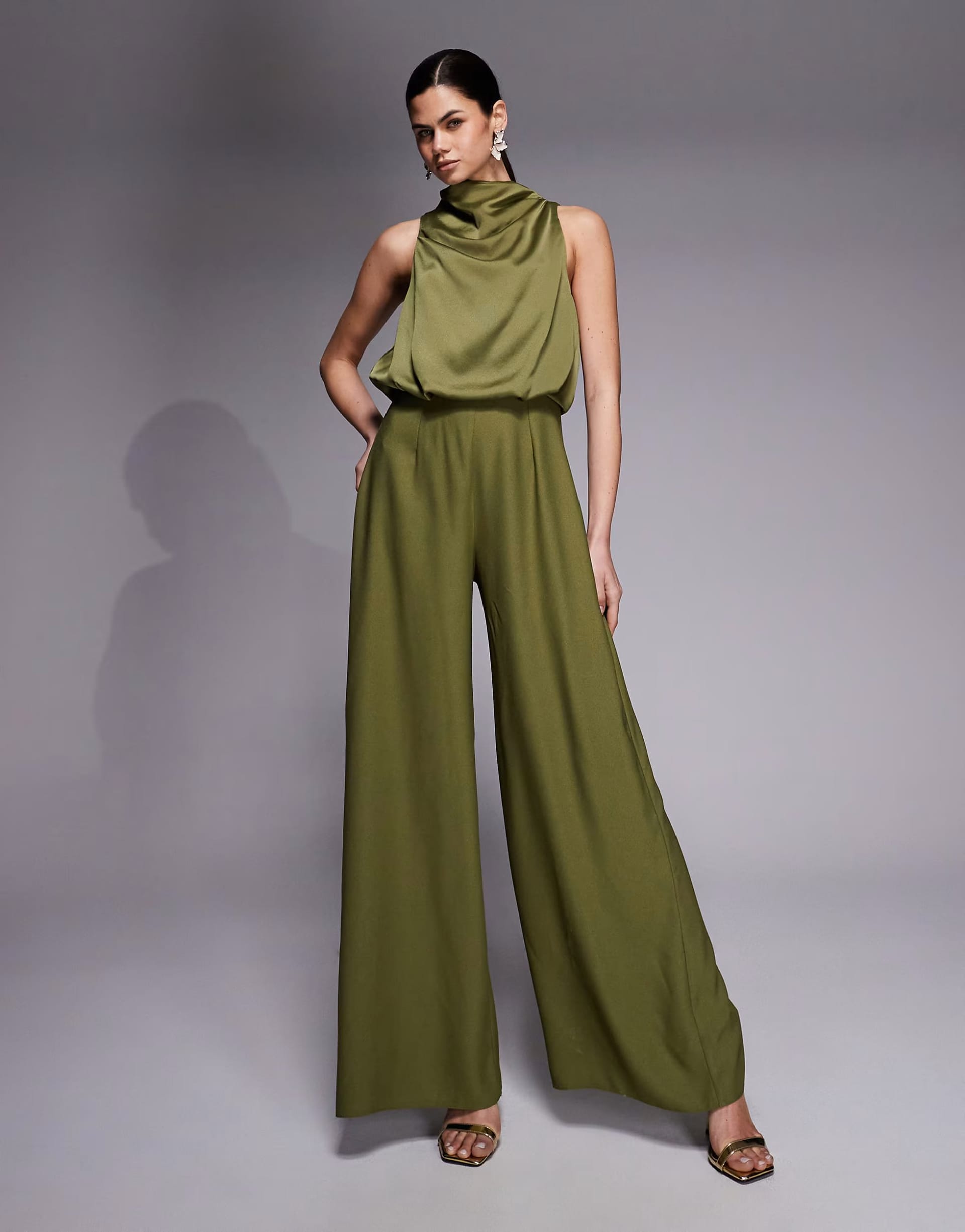 ASOS Olive Green Satin Cowl Neck Jumpsuit