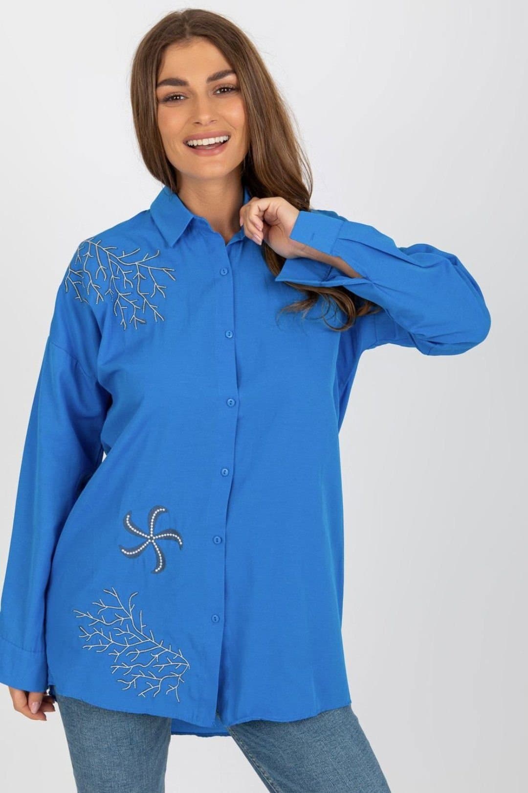 Love Lace Love Lace Women's Loose Fit Embroidered Button Long Sleeve Shirt in Blue