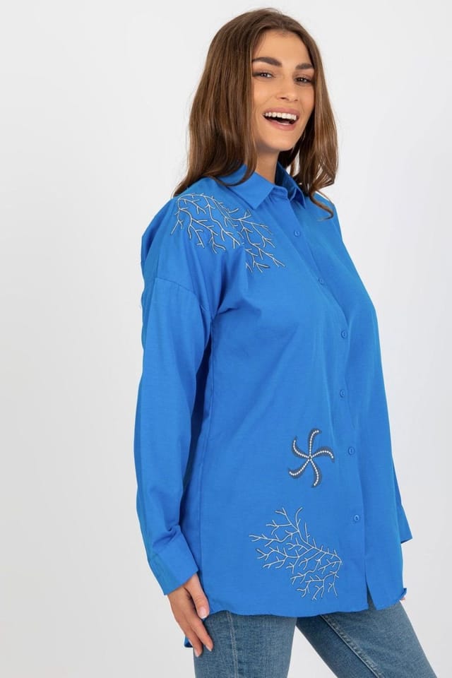 Love Lace Love Lace Women's Loose Fit Embroidered Button Long Sleeve Shirt in Blue - 2