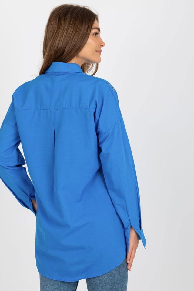 Love Lace Love Lace Women's Loose Fit Embroidered Button Long Sleeve Shirt in Blue - 3