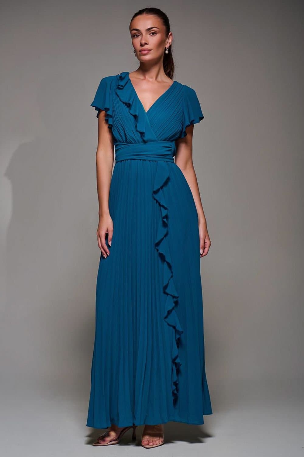 Jolie Moi Jolie Moi Women's Pleated Frill Detail Chiffon Maxi Dress in Teal