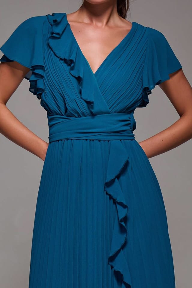 Jolie Moi Jolie Moi Women's Pleated Frill Detail Chiffon Maxi Dress in Teal - 3