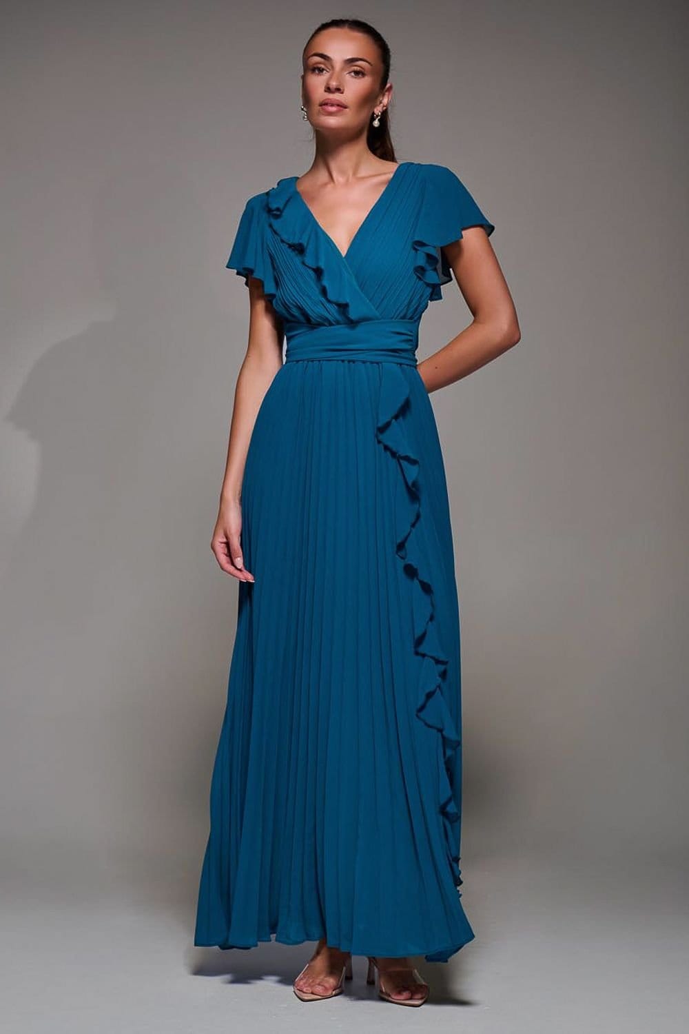 Jolie Moi Jolie Moi Women's Pleated Frill Detail Chiffon Maxi Dress in Teal - 4