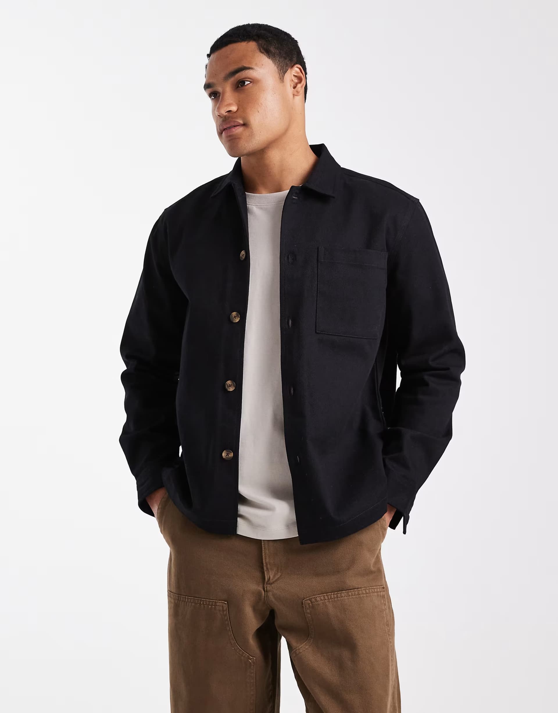 ASOS New Look boxy fit twill overshirt in black