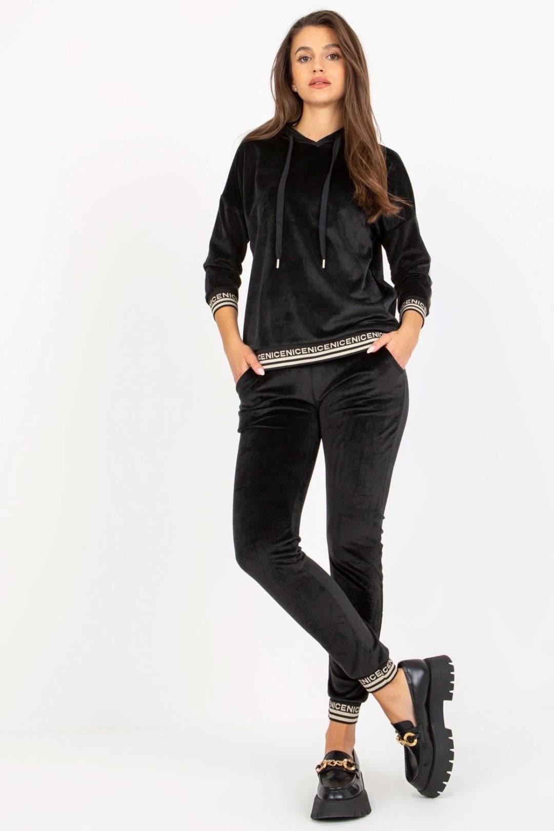 Love Lace Love Lace Women's Velour Hooded Sweatshirt & Tie Waist Pants Set Style 172688 in Black