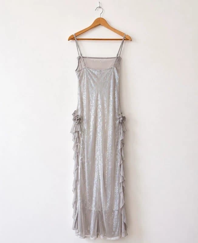 ASOS ASOS Design Silver Sequin Ruffle Maxi Dress UK 10 BNWT Occasion Evening Dress