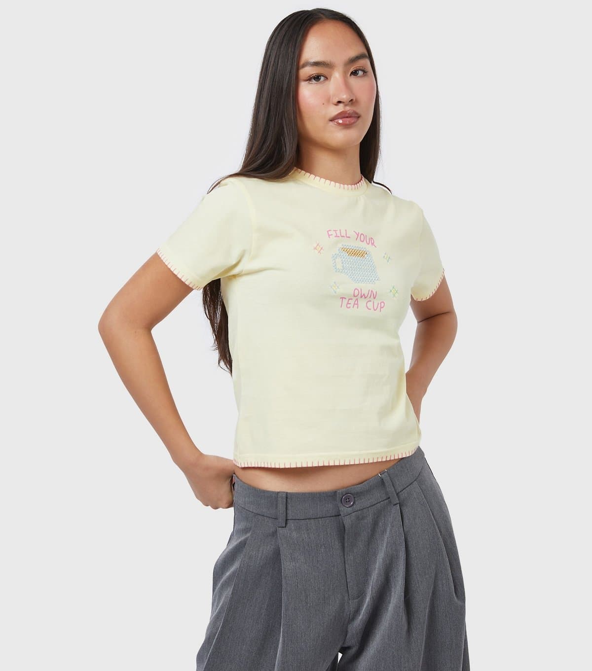 Skinnydip Women's Bright Yellow Fill Your Own Tea Cup Baby Tee T-shirt Skinnydip New Look