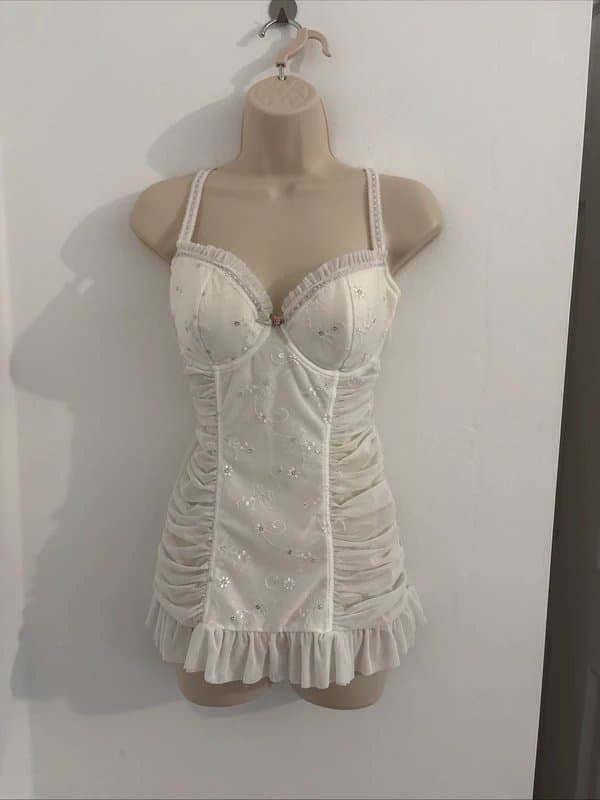 Knickerbox Y2K Knickerbox White Sequinned Floral Lace Babydoll Lingerie Dress - Size 14