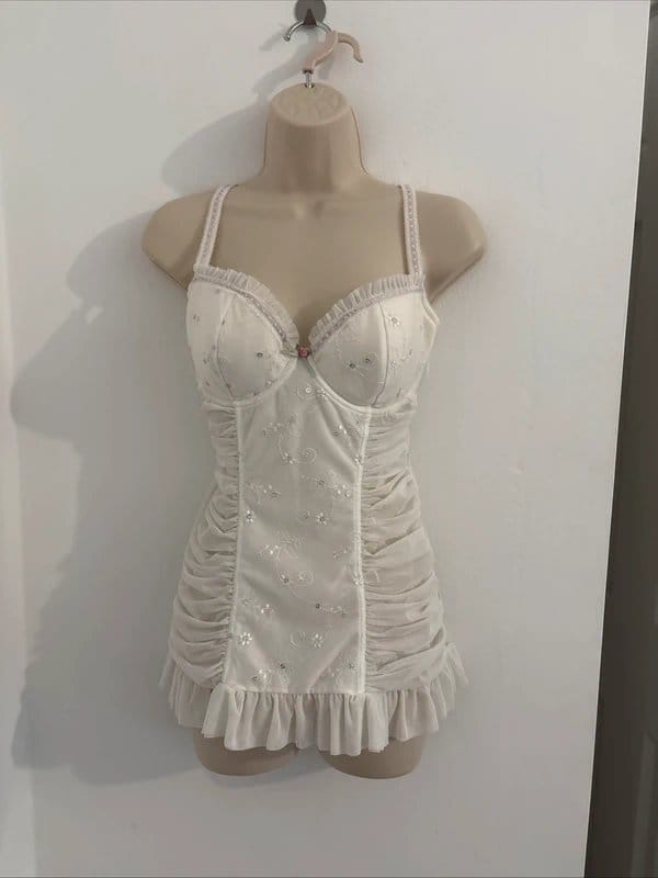 Knickerbox Y2K Knickerbox White Sequinned Floral Lace Babydoll Lingerie Dress - Size 14 - 1