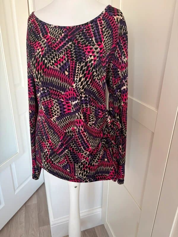 Per Una Per Una Geometric Print Side Tie Top UK 16 Pink Purple Long Sleeve Stretch Jersey Blouse