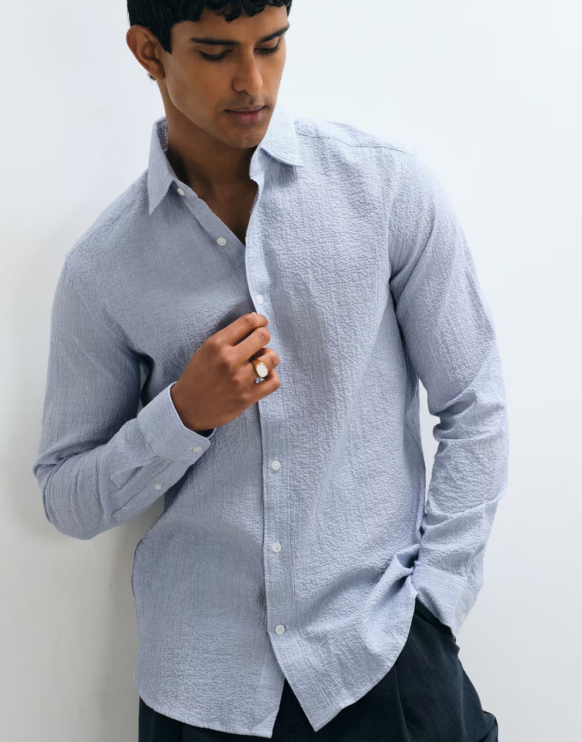 ASOS Mango seer sucker long sleeve striped shirt in mid blue