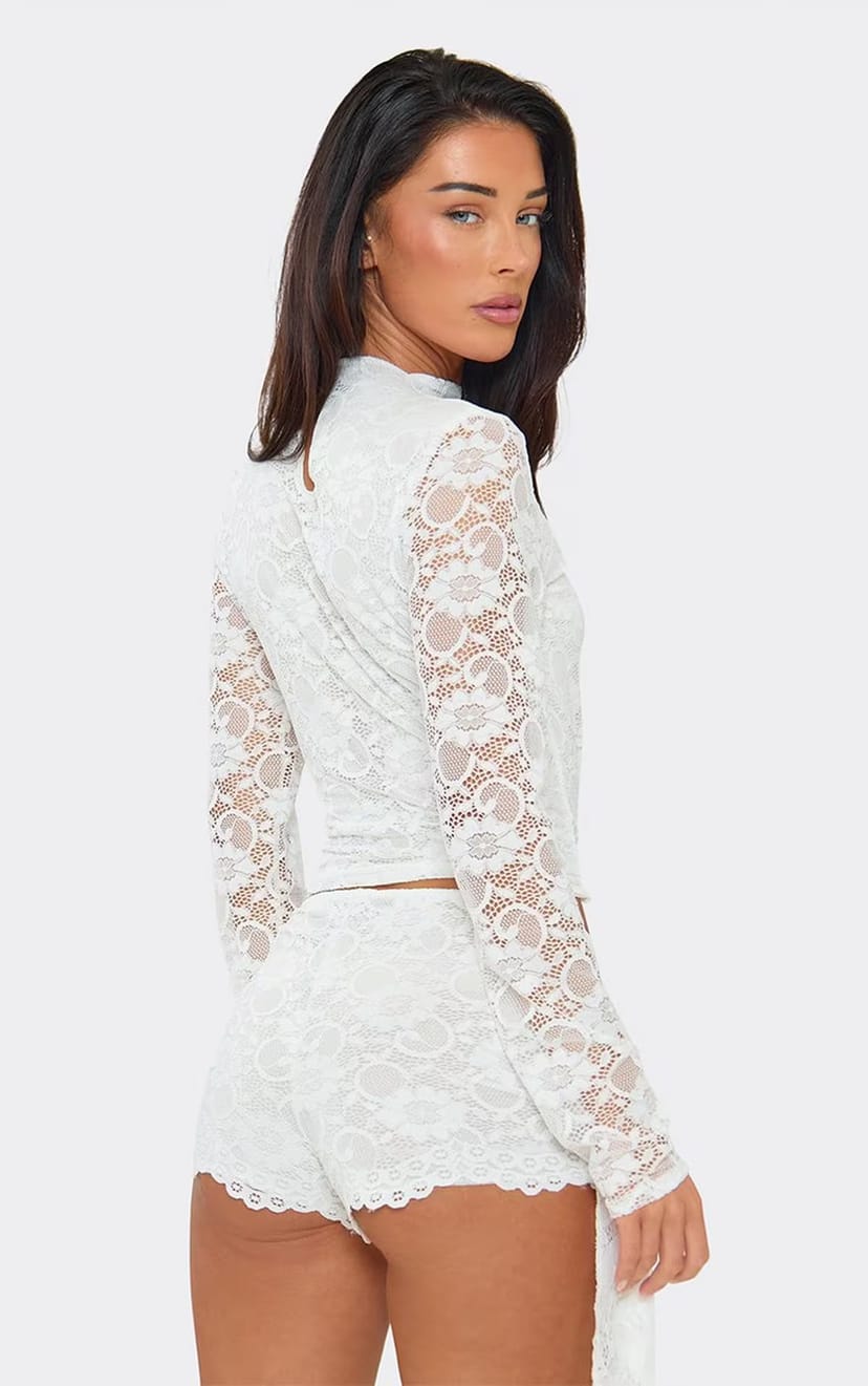 EGO Long Sleeve High Neck Top In White Lace, Women's Size UK 6 - 1