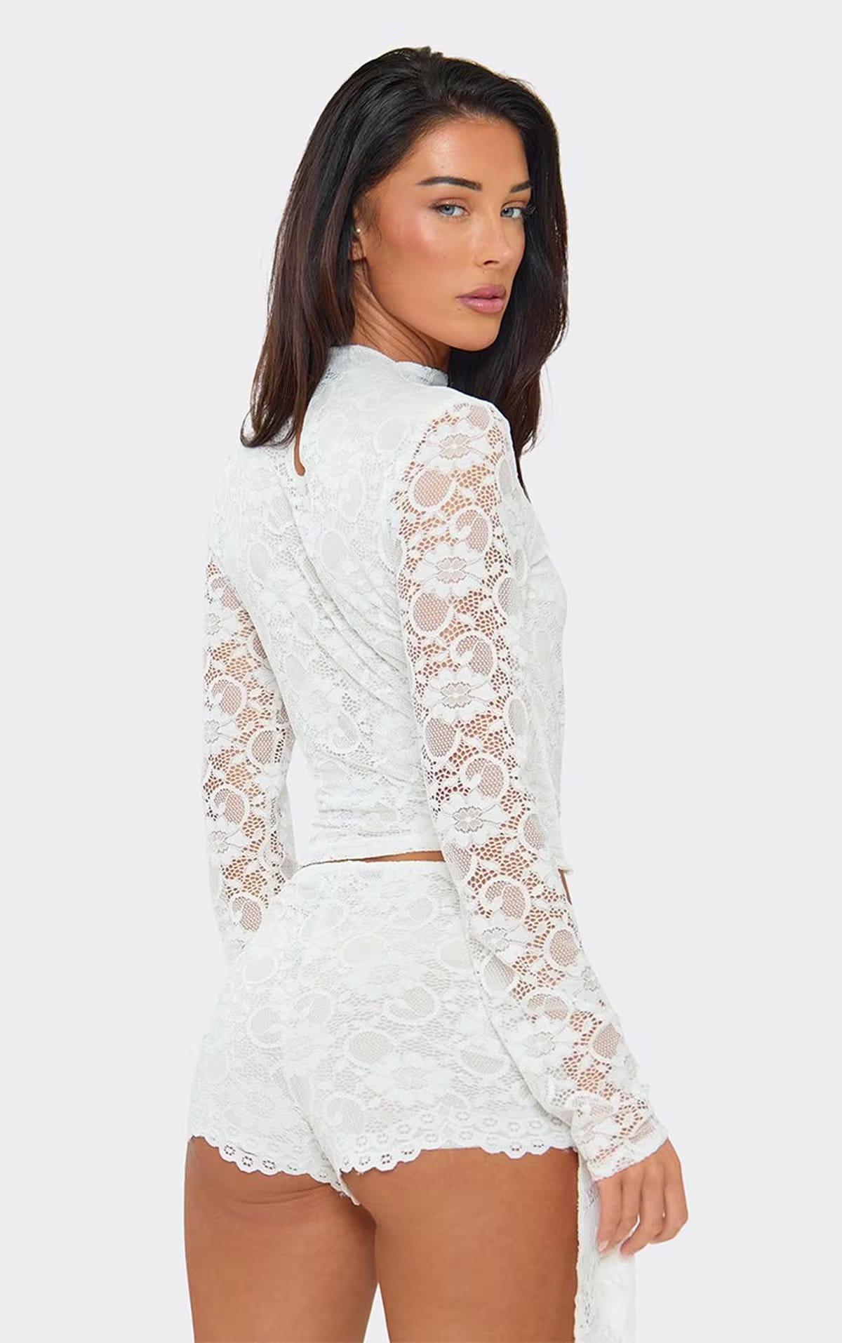 EGO Long Sleeve High Neck Top In White Lace, Women's Size UK 6 - 1
