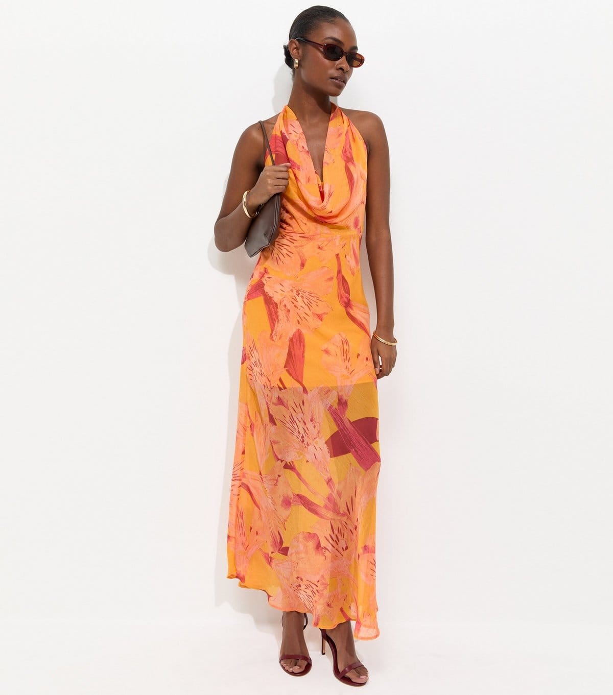 New Look Bright Orange Floral Halter Maxi Dress