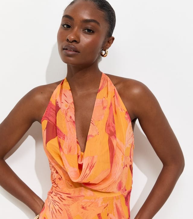 New Look Women's Bright Orange Floral Halter Maxi Dress New Look - 2