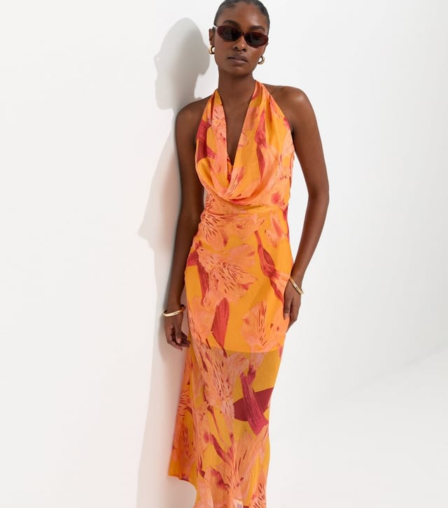 New Look Women's Bright Orange Floral Halter Maxi Dress New Look - 3