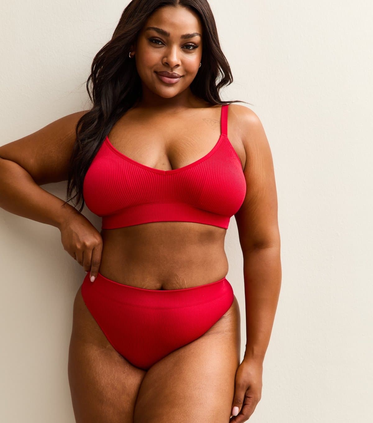 New Look Women's Plus Size Red Ribbed Seamless High Waisted Thong Curves New Look