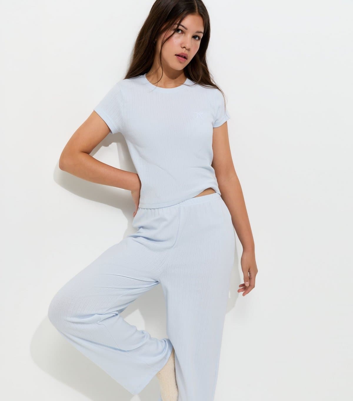 New Look Girls' Blue Cotton Rich Pointelle Wide Leg Pyjama Set New Look