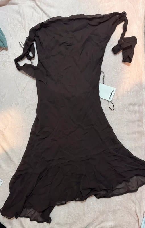 Bershka Bershka chiffon frill detail mini dress in brown