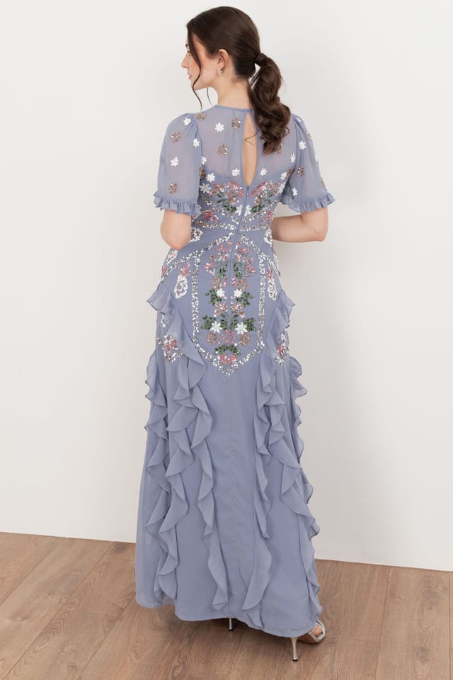 Maya Deluxe Maya Deluxe Women's Embellished Short Sleeve Ruffle Maxi Dress in Blue - 2