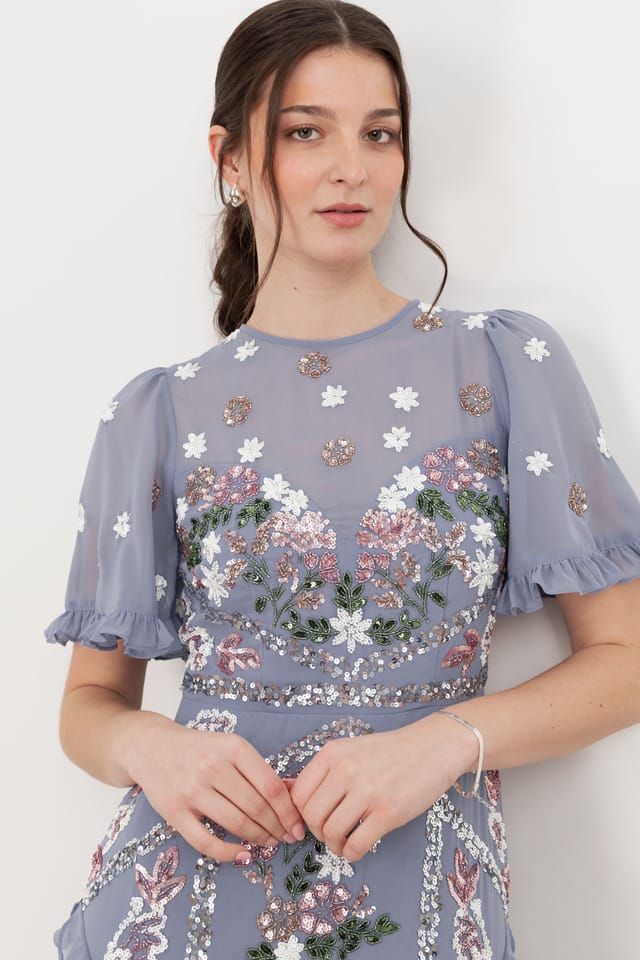 Maya Deluxe Maya Deluxe Women's Embellished Short Sleeve Ruffle Maxi Dress in Blue - 3