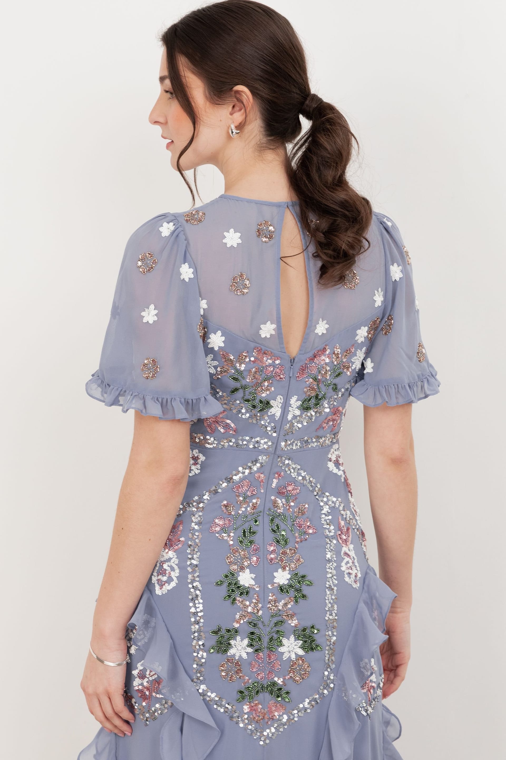 Maya Deluxe Maya Deluxe Women's Embellished Short Sleeve Ruffle Maxi Dress in Blue - 4