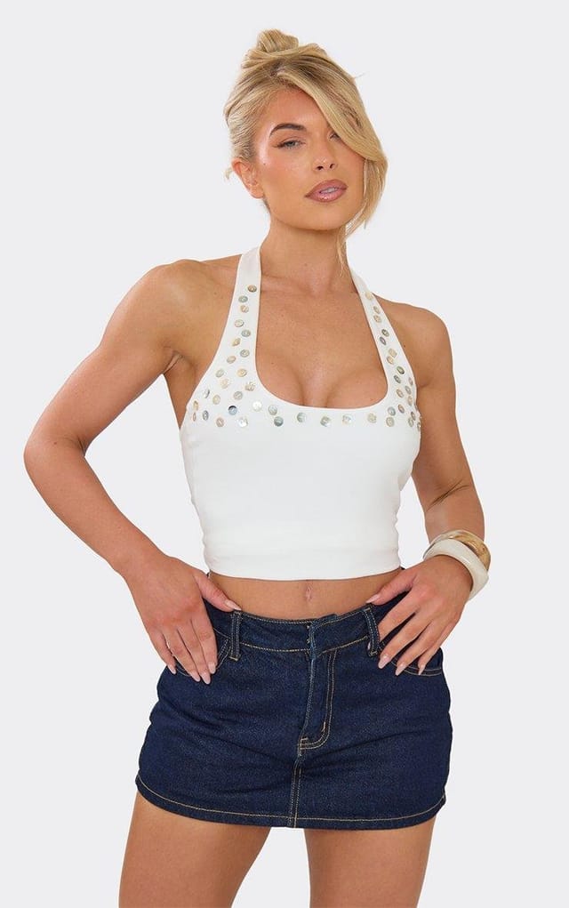 EGO Scoop Halterneck Button Trim Detail Top In White Soft Touch, Women's Size UK 6 - 2