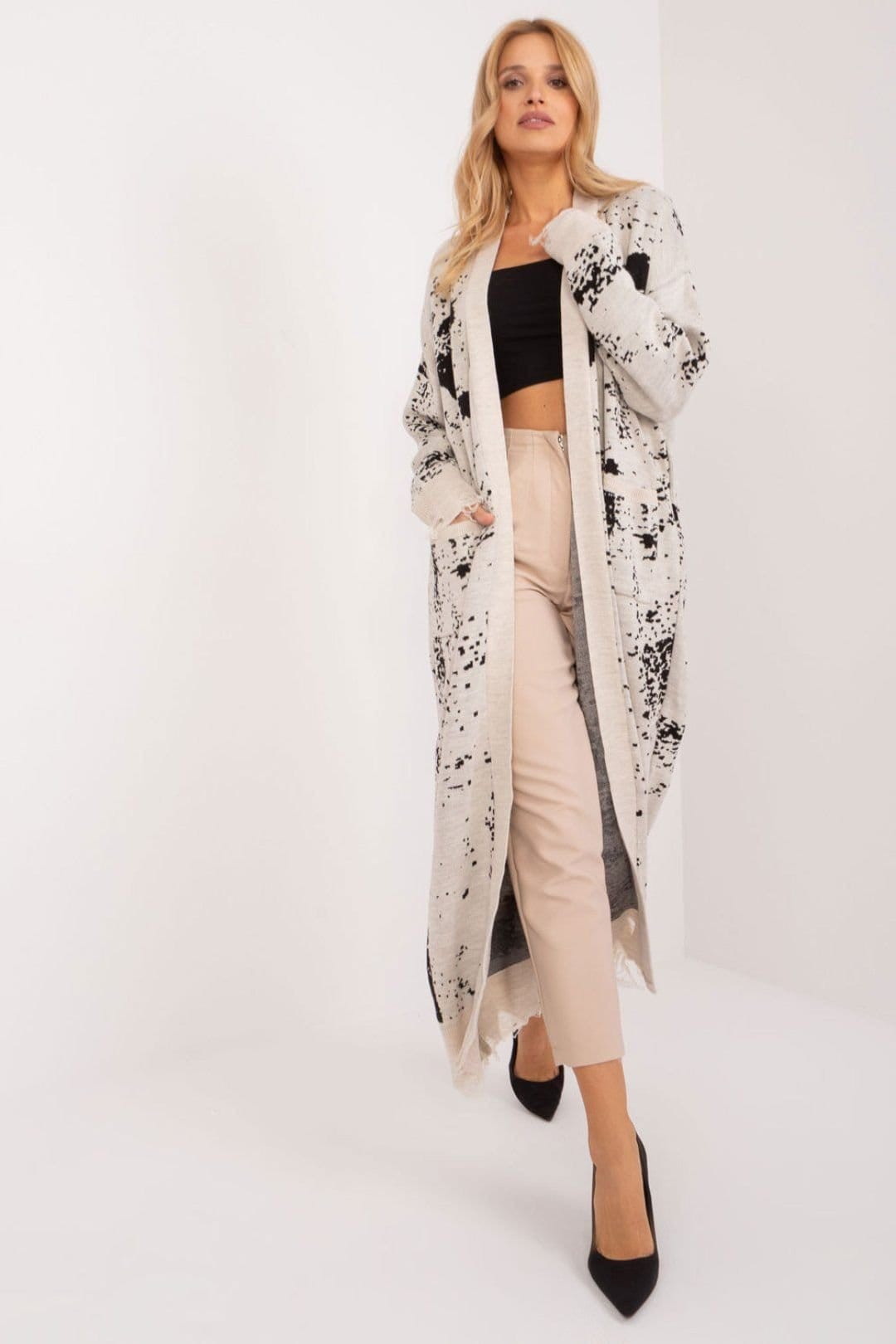 Love Lace Beige Acrylic Long Sleeve Cardigan with Pockets