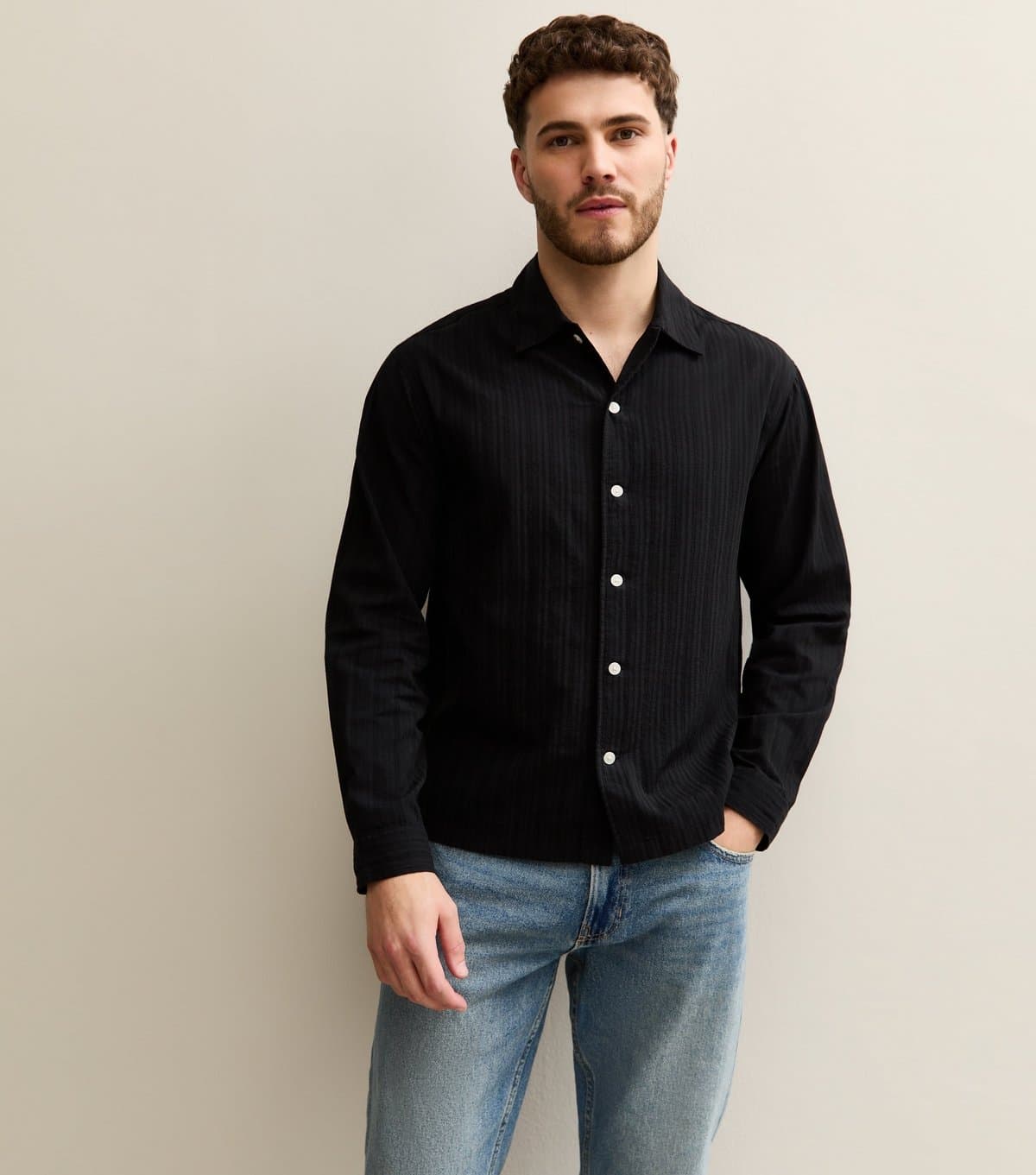 jack & jones Men's Black Regular Striped Cotton Shirt Jack & Jones New Look