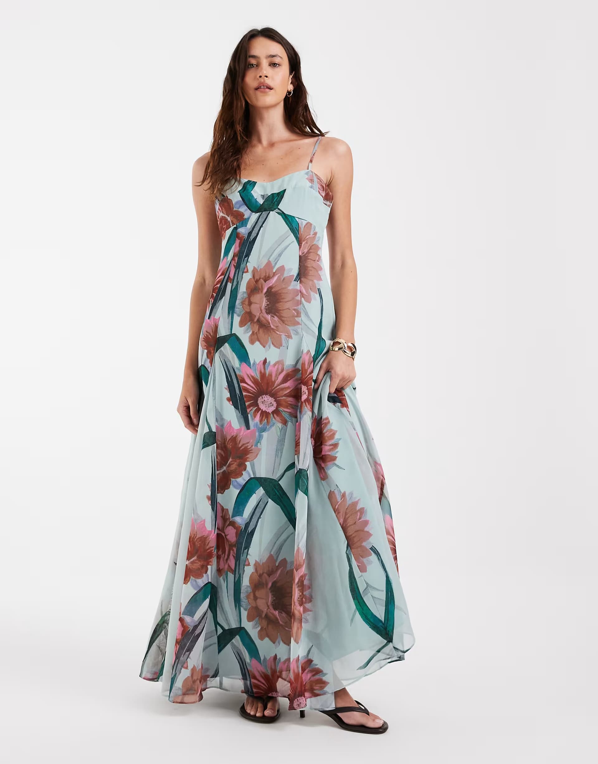 ASOS ASOS DESIGN chiffon strappy maxi dress with deep godets in red and blue floral