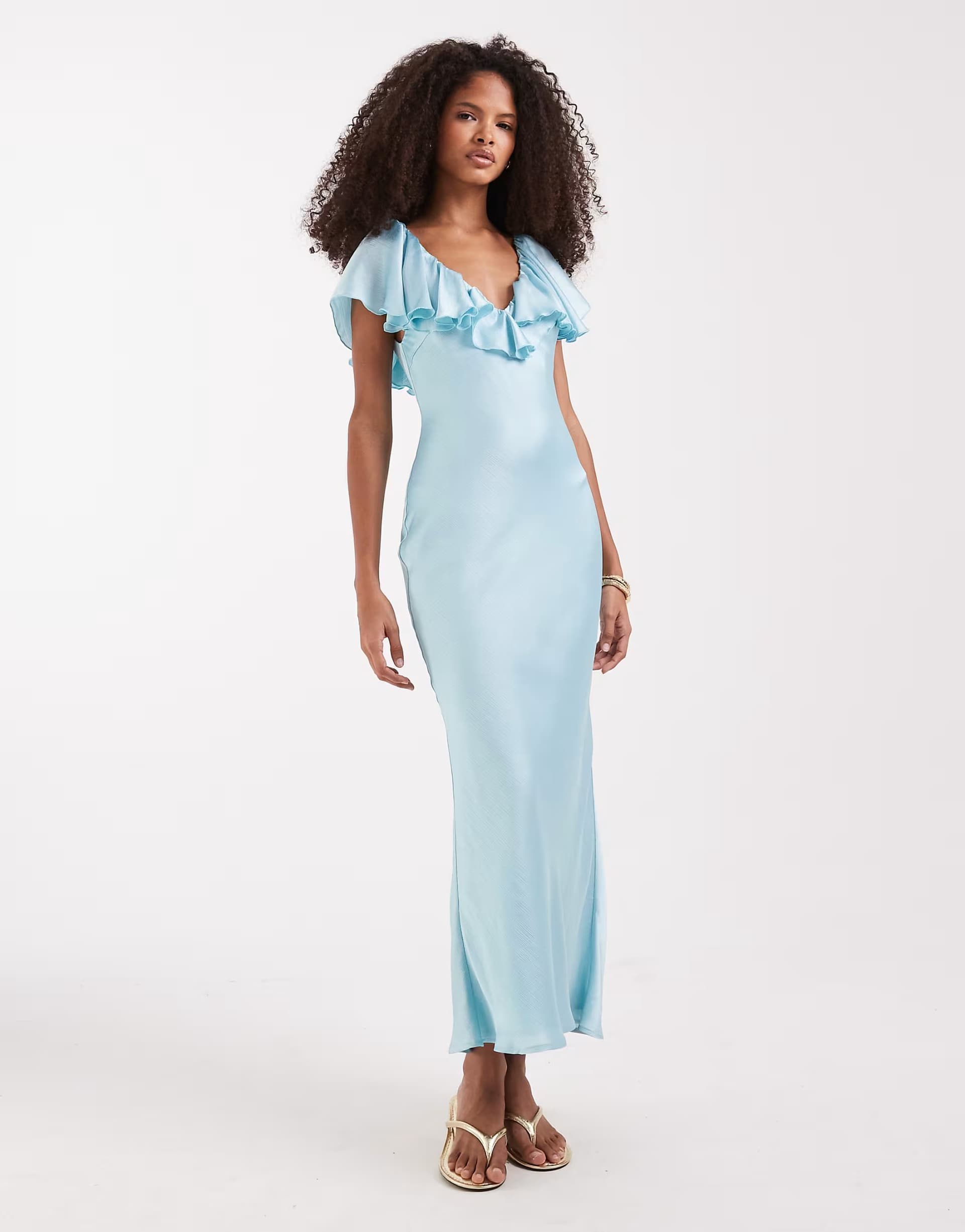 ASOS Pretty Lavish textured satin ruffle v neck maxi dress in soft aqua