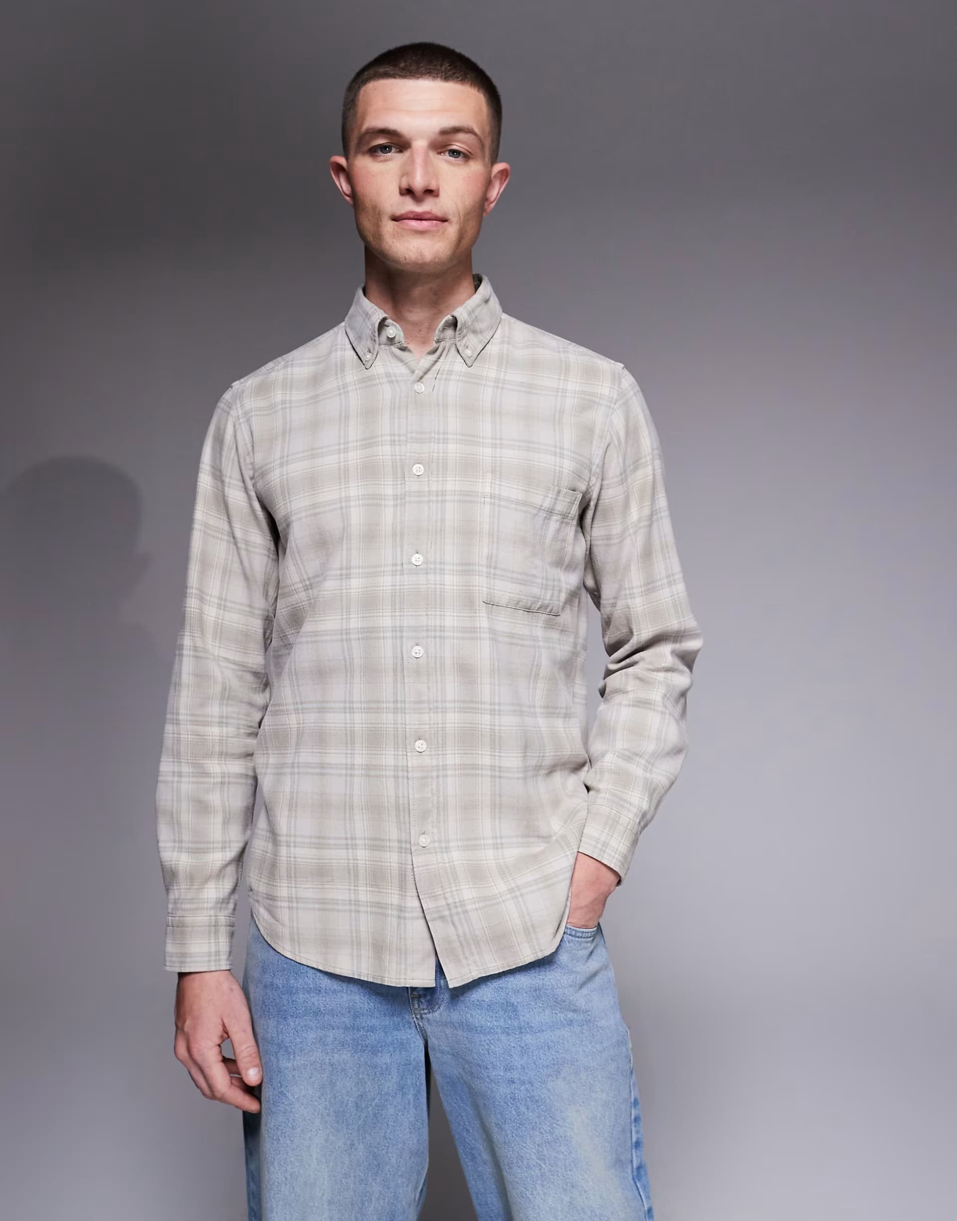 ASOS ASOS BOSS Orange Checked Long Sleeve Shirt in Grey