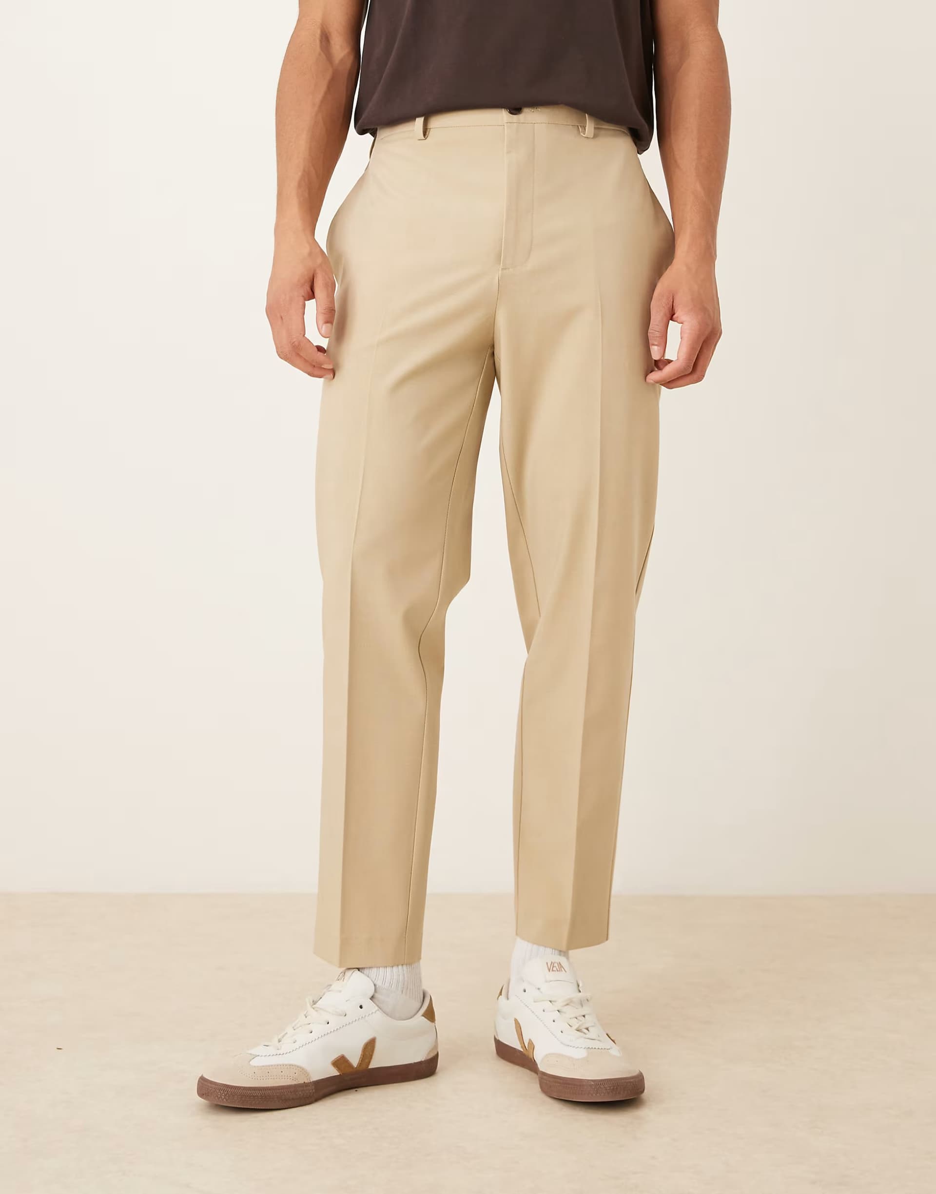 ASOS ASOS DESIGN smart tapered comfort stretch trousers in beige twill with elasticated waist