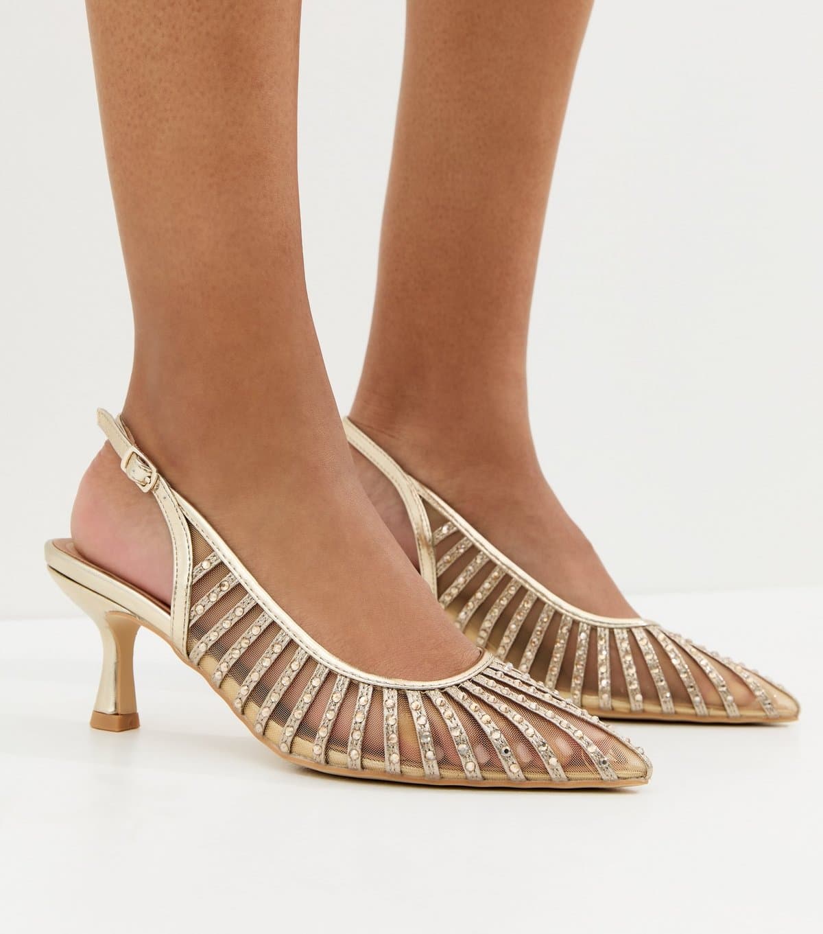 New Look Women's Wide Fit Gold Bling Mesh Slingback Court Shoes Vegan New Look