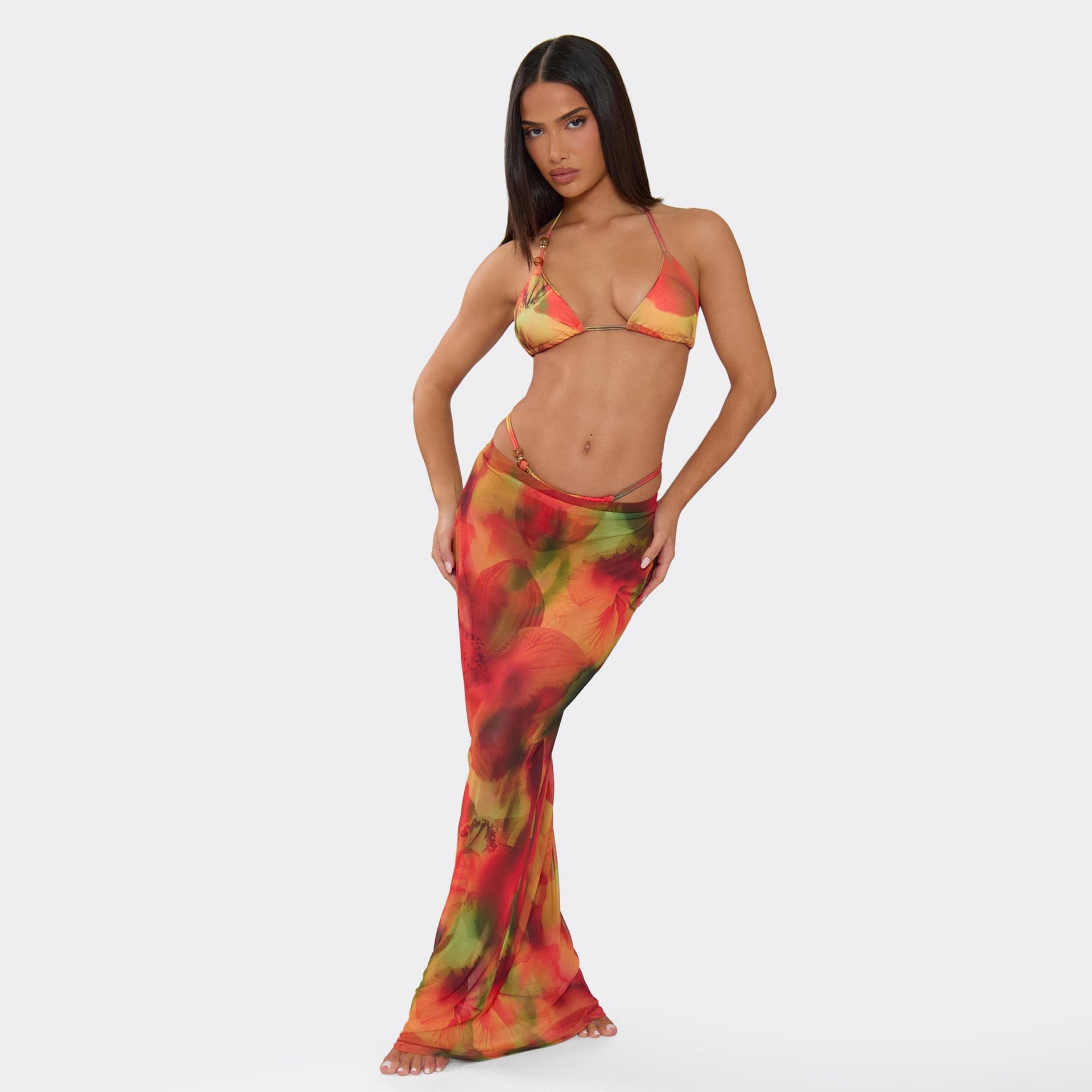 EGO Maxi Beach Skirt In Red Abstract Floral Print, Women's Size UK 6