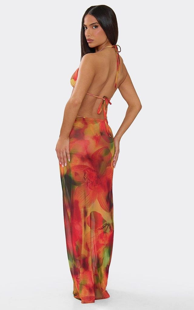 EGO Maxi Beach Skirt In Red Abstract Floral Print, Women's Size UK 6 - 2