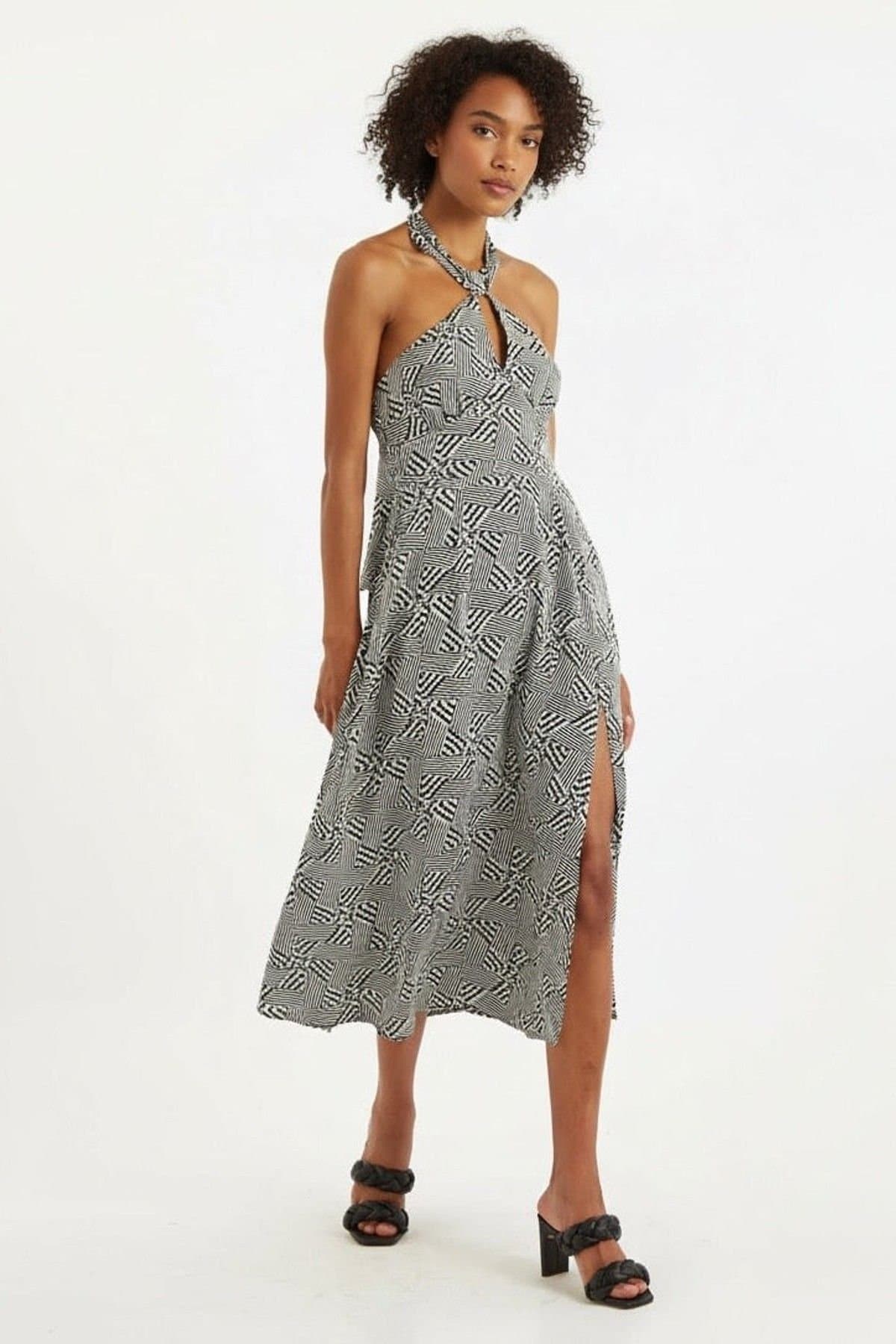 Louche Louche Women's Geri 60s Patchwork Halter neck Midi Dress in Black