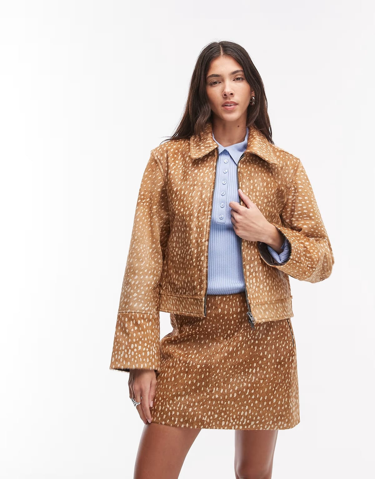 ASOS JJXX co-ord leather pony hair jacket in deer print - 1