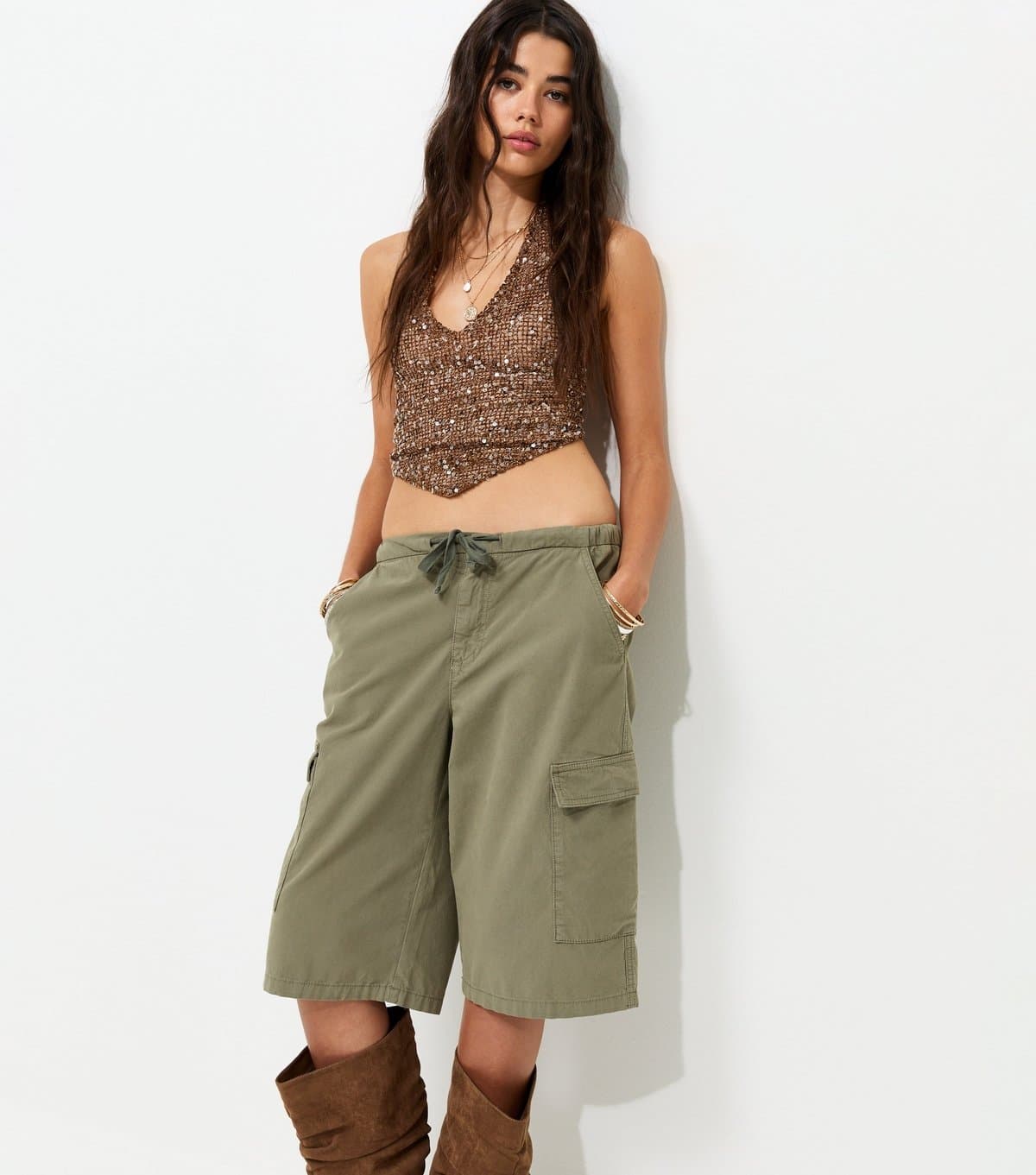 New Look Women's Dark Khaki Cotton Cargo Pocket Jort Shorts New Look
