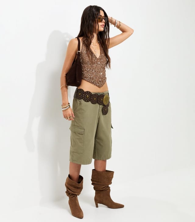 New Look Women's Dark Khaki Cotton Cargo Pocket Jort Shorts New Look - 3