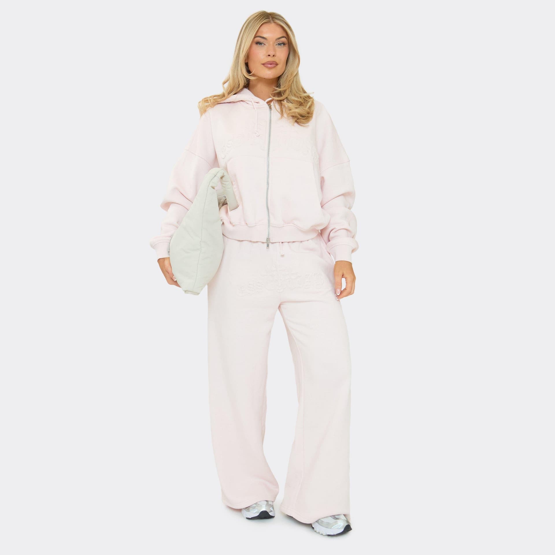 EGO Drawstring Waist Embossed Graphic Detail Wide Leg Joggers In Pink, Women's Size UK 6