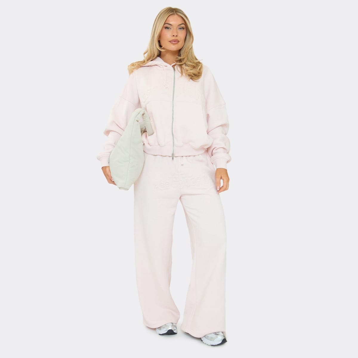 EGO Drawstring Waist Embossed Graphic Detail Wide Leg Joggers In Pink, Women's Size UK 6 - 1